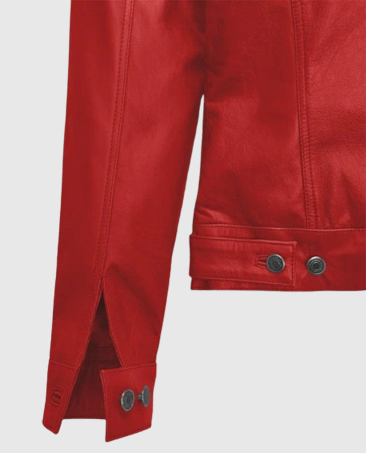 Men's Red Leather Trucker Jacket – Custom Fit | Genuine Leather - side angle view