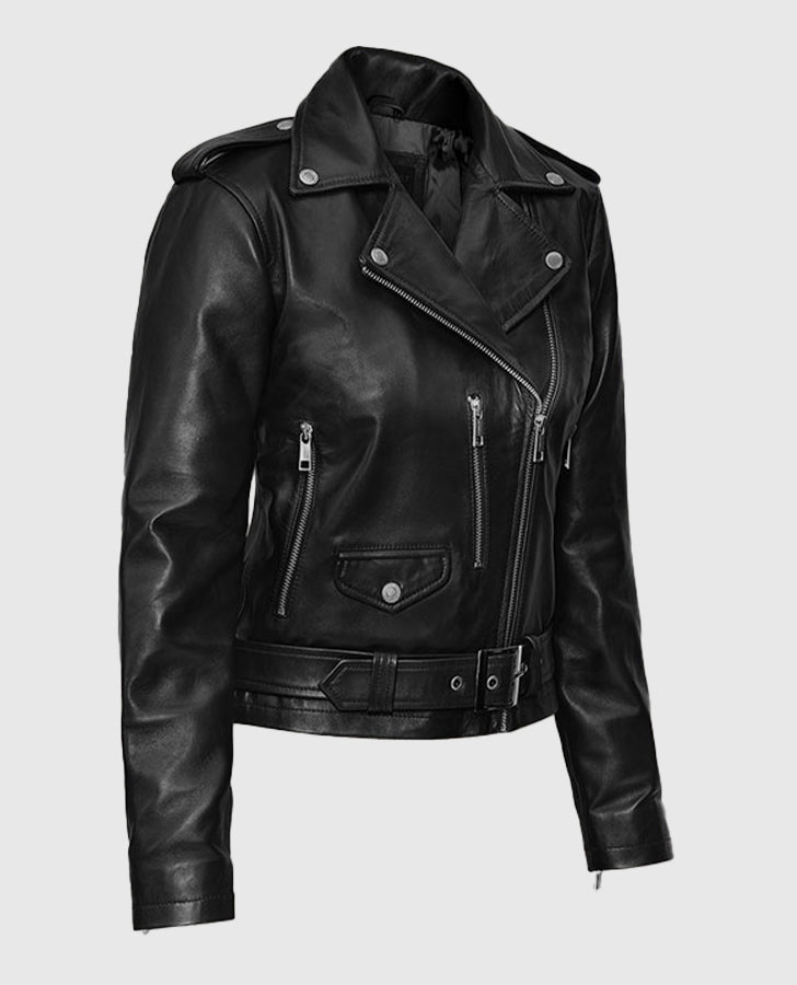 Lucy Hale Black Biker Leather Jacket for Women – Custom Fit - collar and zip close-up