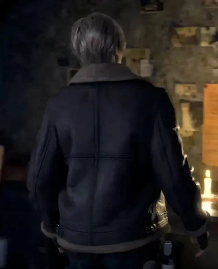 Resident Evil 4 Remake Leon Kennedy Brown Bomber Leather Jacket - collar and zip close-up