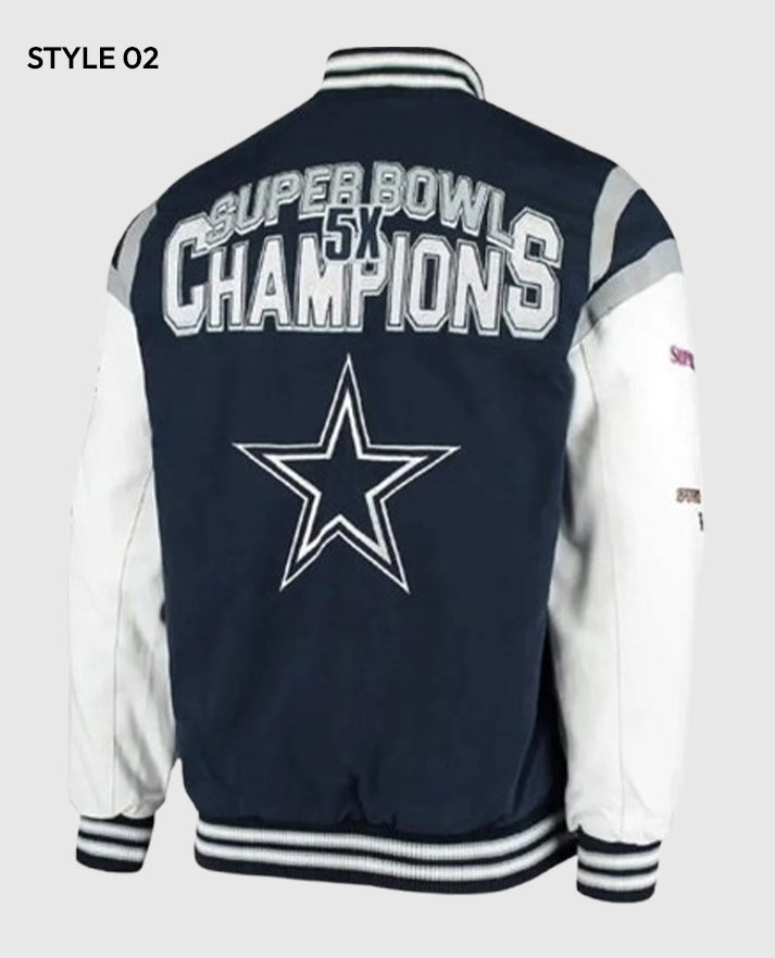 Dallas Cowboys Super Bowl 5x Champions Varsity Jacket - styled view