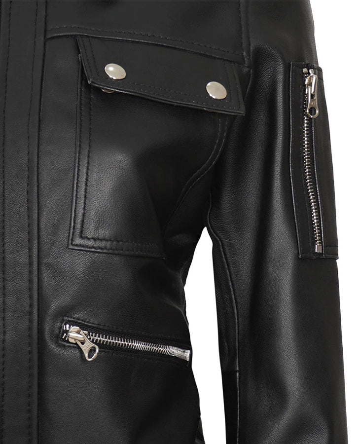 Evelyn Women's Classic Black Leather Bomber Jacket - inner lining view