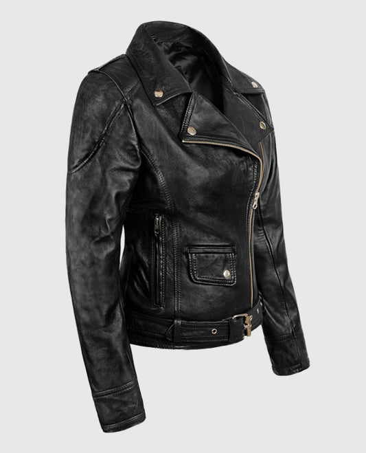 Sarah Connor Terminator Genisys Black Leather Biker Jacket for Women - side angle view