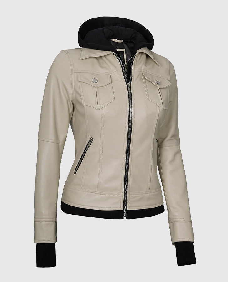 Women's Beige Bomber Leather Jacket with Hood – Custom Fit - inner lining view