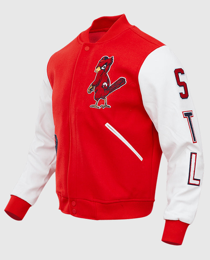 MLB ST. Louis Cardinals Men's Red Varsity Leather Jacket - side angle view