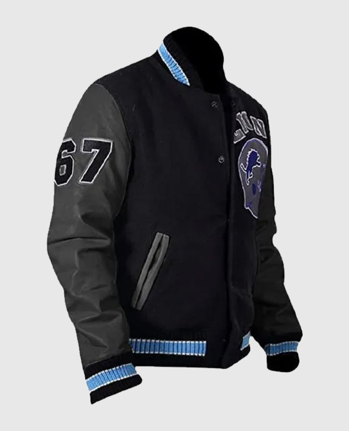 Axel Foley Detroit Lions Black Leather Jacket for Men - model wearing the jacket