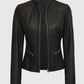 Women's Rachel Petite Black Cafe Racer Leather Jacket - model wearing the jacket