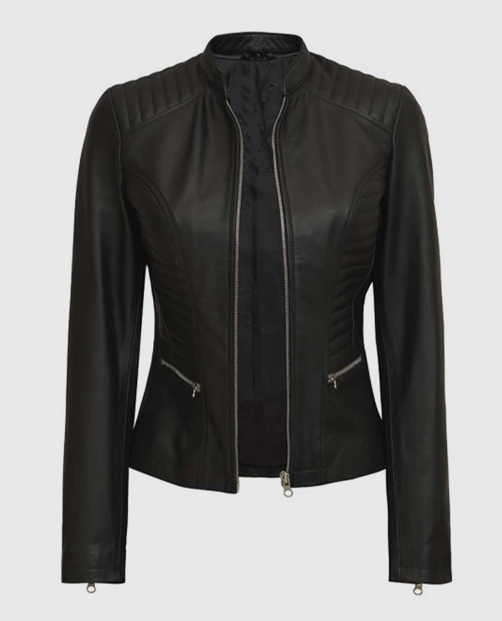 Women's Rachel Petite Black Cafe Racer Leather Jacket - model wearing the jacket