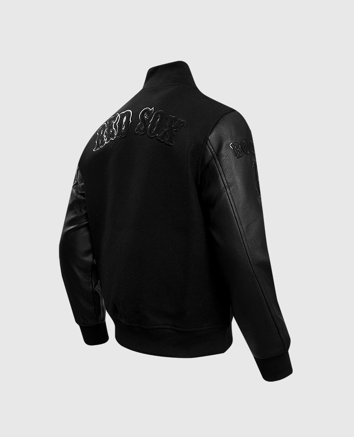 MLB Boston Red Sox Men's Black Varsity Leather Jacket - collar and zip close-up