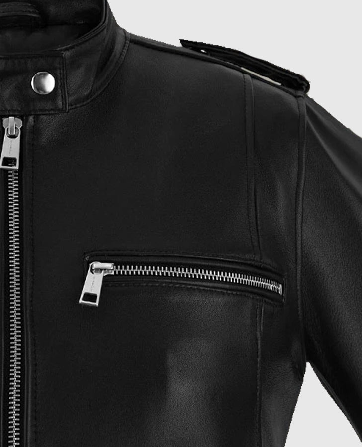 Women's Chic Rider Black Leather Jacket – Custom Fit - model wearing the jacket
