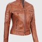 Women's Tan Cafe Racer Leather Jacket – Premium Outerwear - side angle view