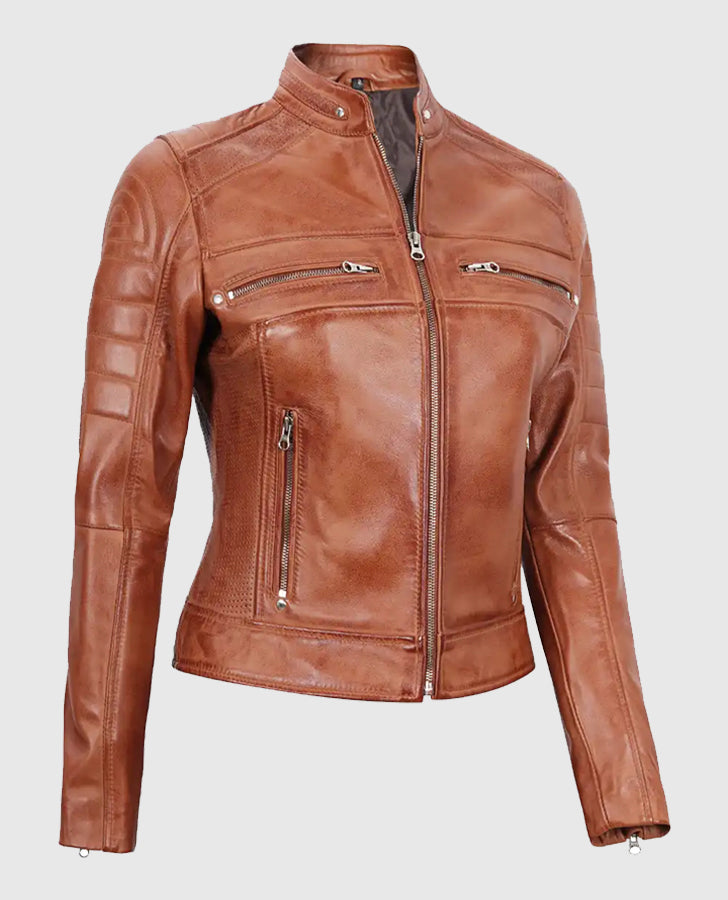 Women's Tan Cafe Racer Leather Jacket – Premium Outerwear - side angle view