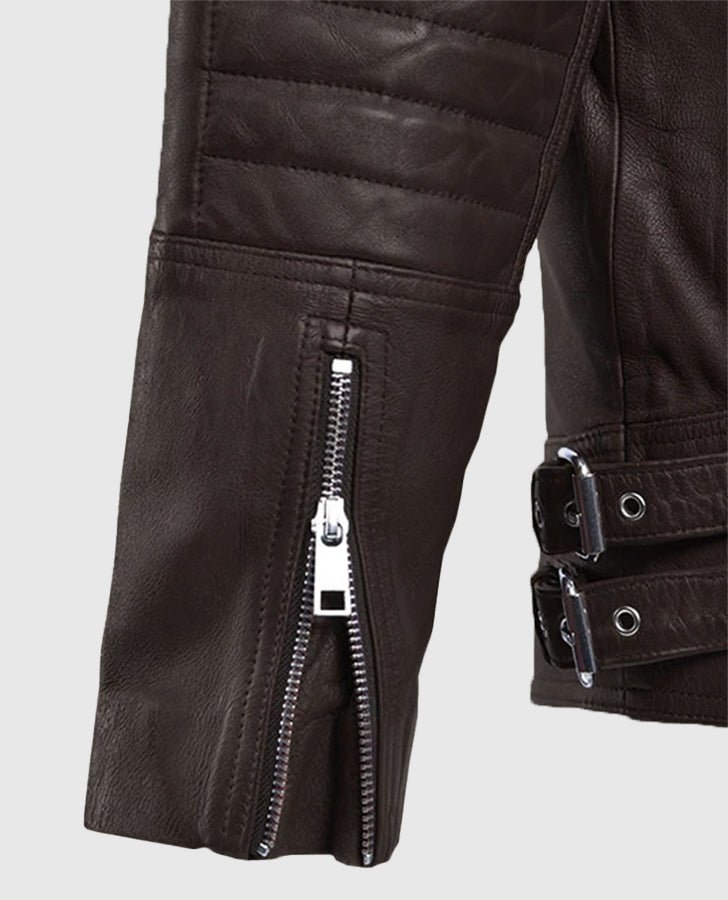 Shotgun Brown Moto Leather Jacket for Men – Custom Fit - collar and zip close-up