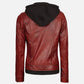 Women's Maroon Leather Jacket With Removable Hood