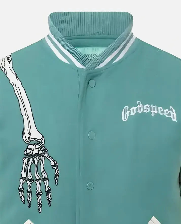 Men's Rod Godspeed Skull Mint White Varsity Leather Jacket - inner lining view