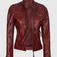 Johnson Women's Maroon Quilted Cafe Racer Leather Jacket - collar and zip close-up