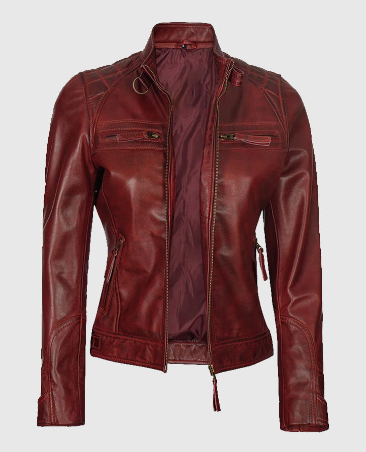 Johnson Women's Maroon Quilted Cafe Racer Leather Jacket - collar and zip close-up