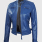 Women's Blue Diamond Cafe Racer Leather Jacket – Premium Outerwear - side angle view