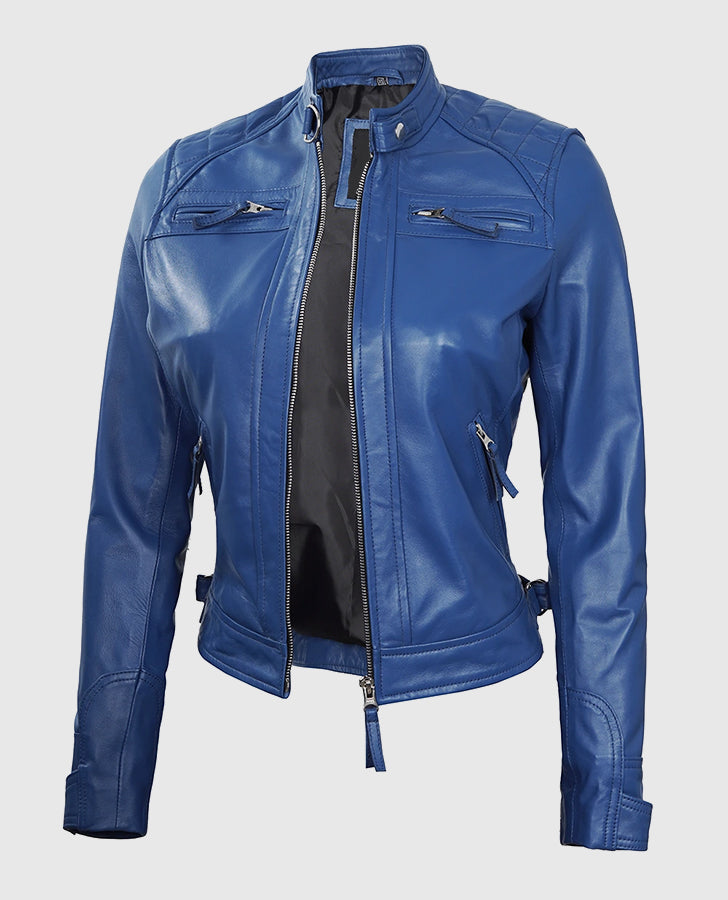 Women's Blue Diamond Cafe Racer Leather Jacket – Premium Outerwear - side angle view