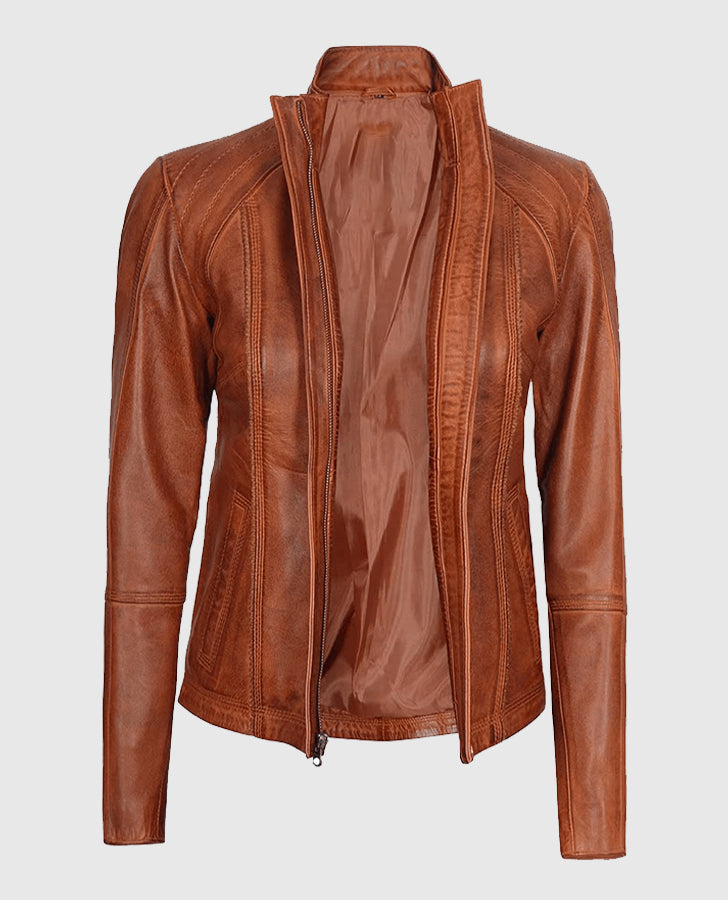 Women's Acerra Real Cognac Brown Leather Jacket – Custom Fit - detail view