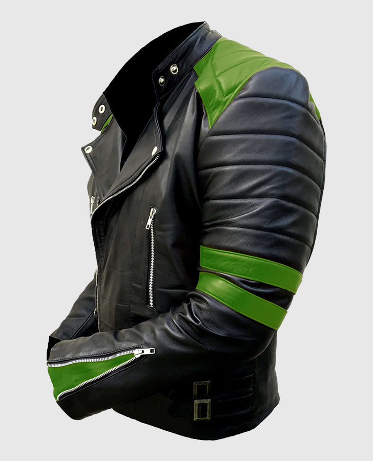 Marlon Brando Black Biker Leather Jacket for Men – Custom Fit - collar and zip close-up
