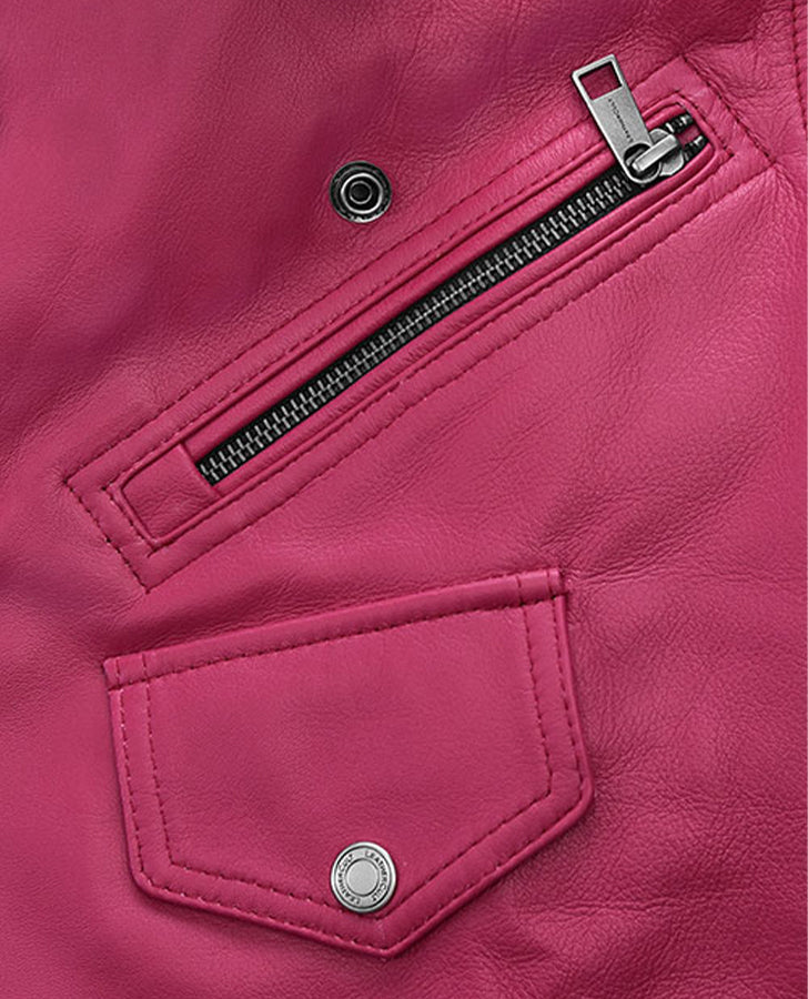 Jessica Alba Pink Leather Biker Jacket for Women – Custom Fit - model wearing the jacket