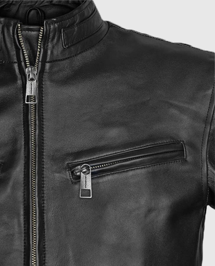 Vin Diesel Fast and Furious 6 Black Leather Jacket for Men - collar and zip close-up