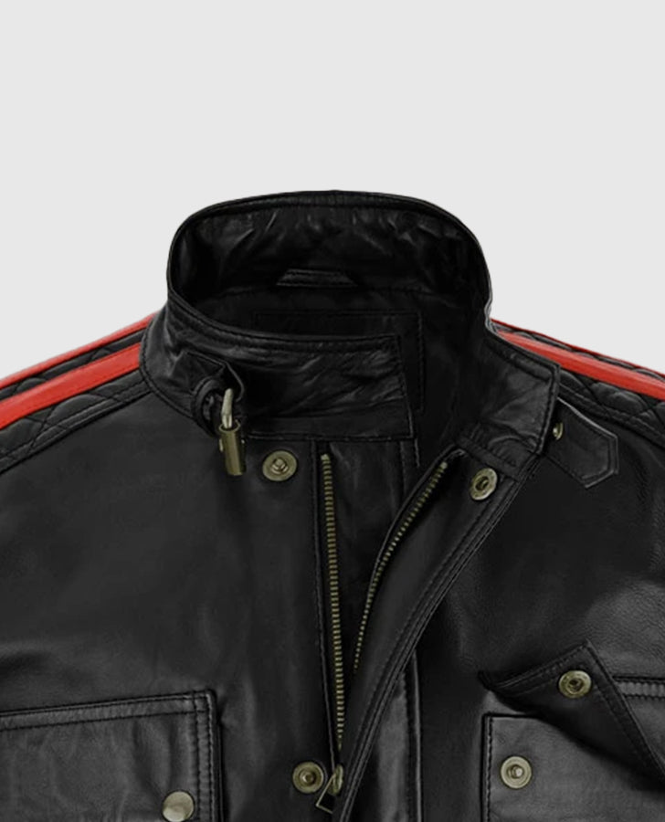 Fast & Furious 8 Vin Diesel Red Stripes Leather Jacket for Men - collar and zip close-up