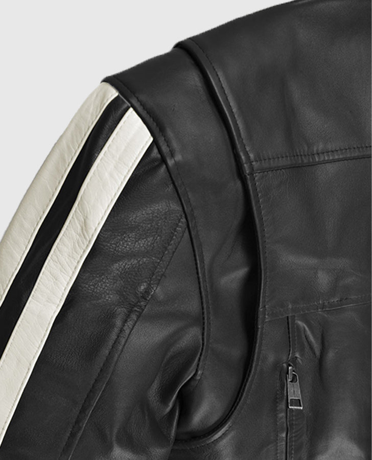Robert Pattinson Vintage Black Leather Jacket for Men - collar and zip close-up