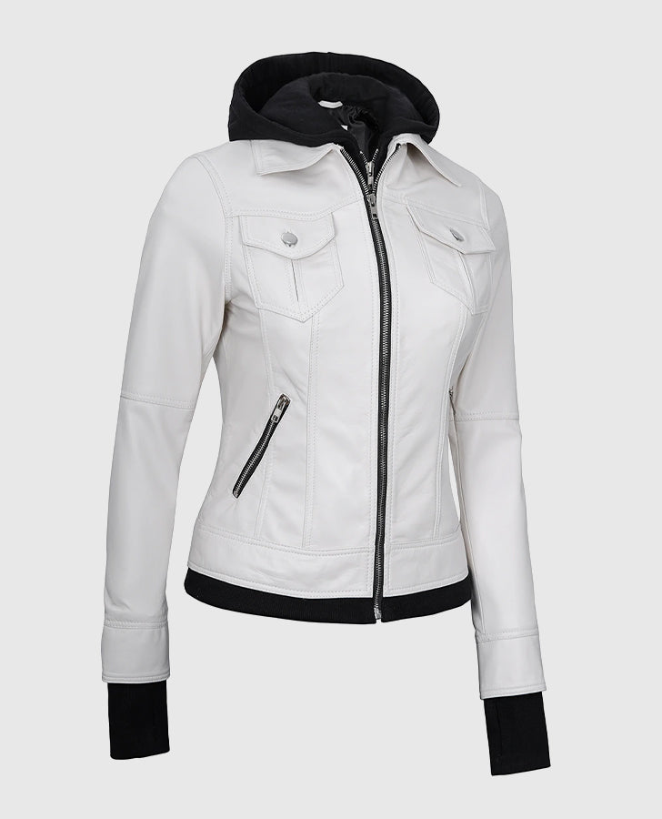Women's White Bomber Leather Jacket with Hood – Custom Fit - collar and zip close-up