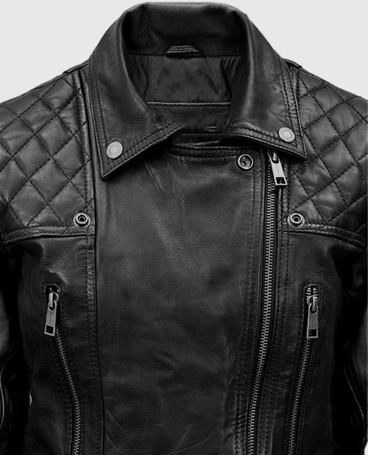 Lucifer S05 Chloe Decker Black Leather Biker Jacket for Women - model wearing the jacket