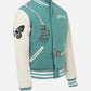 Men's Rod Godspeed Skull Mint White Varsity Leather Jacket - model wearing the jacket