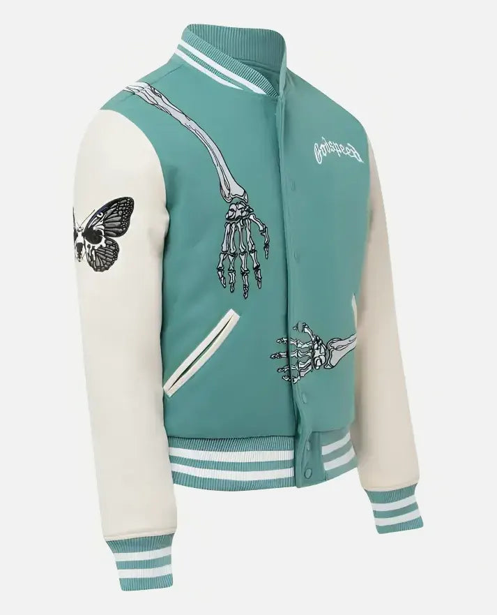 Men's Rod Godspeed Skull Mint White Varsity Leather Jacket - model wearing the jacket