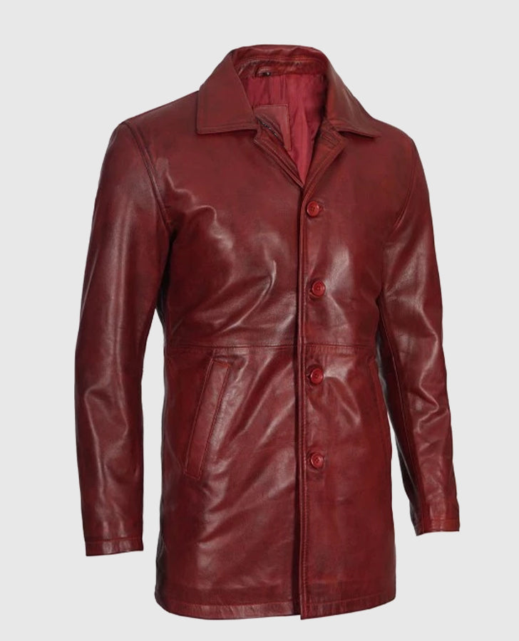 Men's Maroon Real Sheepskin Leather Coat | Genuine Leather - collar and zip close-up