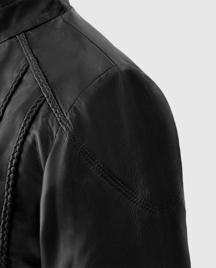 Clova Black Cafe Racer Leather Jacket for Women – Premium Outerwear - collar and zip close-up