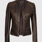 Women's Rachel Dark Brown Rub-off Cafe Racer Leather Jacket - side angle view