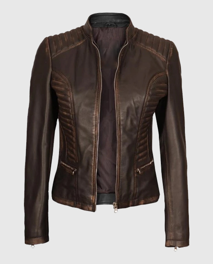 Women's Rachel Dark Brown Rub-off Cafe Racer Leather Jacket - side angle view