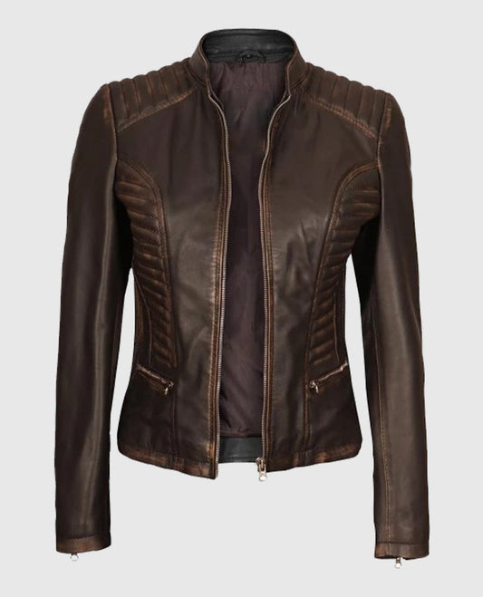 Women's Rachel Dark Brown Rub-off Cafe Racer Leather Jacket - side angle view