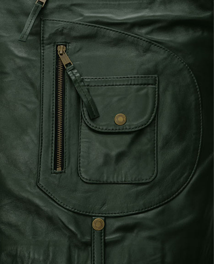 Chris Pine Black Leather Biker Jacket for Men – Custom Fit - collar and zip close-up