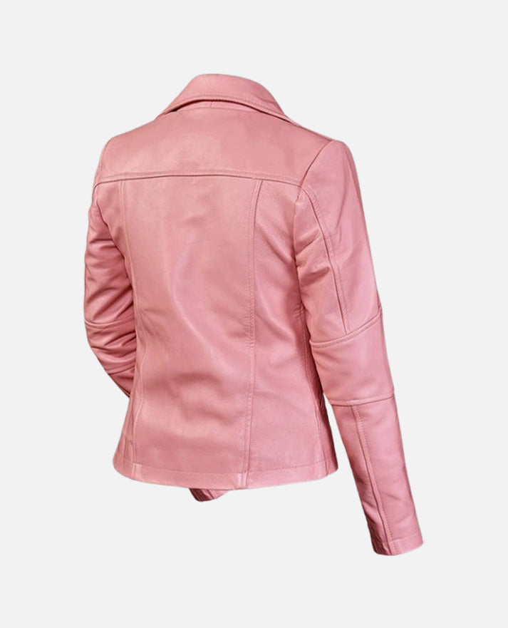 Women's Pink Leather Biker Jacket – Premium Outerwear - model wearing the jacket