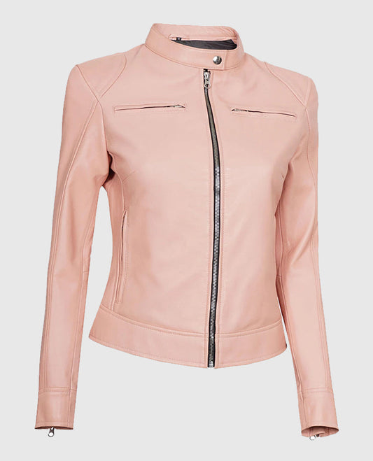Women's Cafe Racer Light Pink Leather Jacket – Premium Outerwear - side angle view