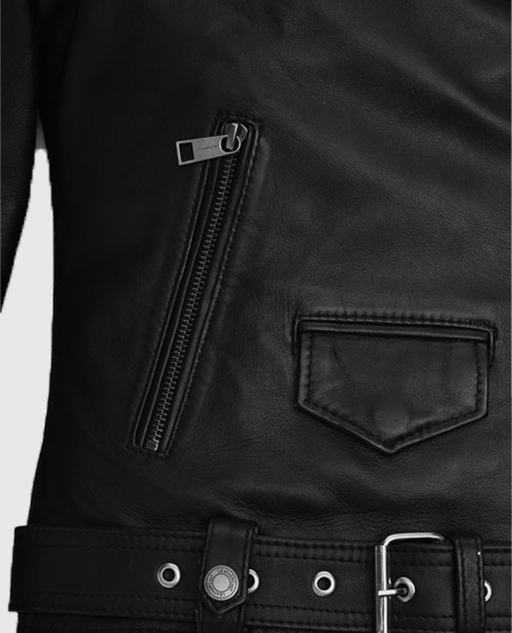 Vox Lux Natalie Portman Black Biker Leather Jacket for Women - model wearing the jacket