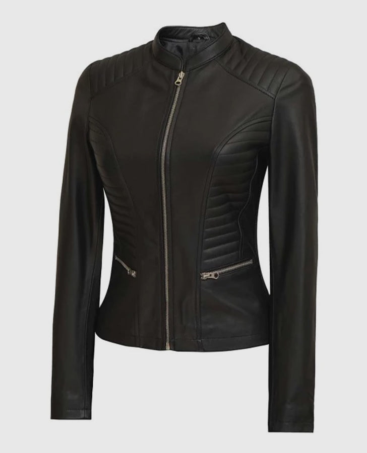 Women's Rachel Petite Black Cafe Racer Leather Jacket - side angle view
