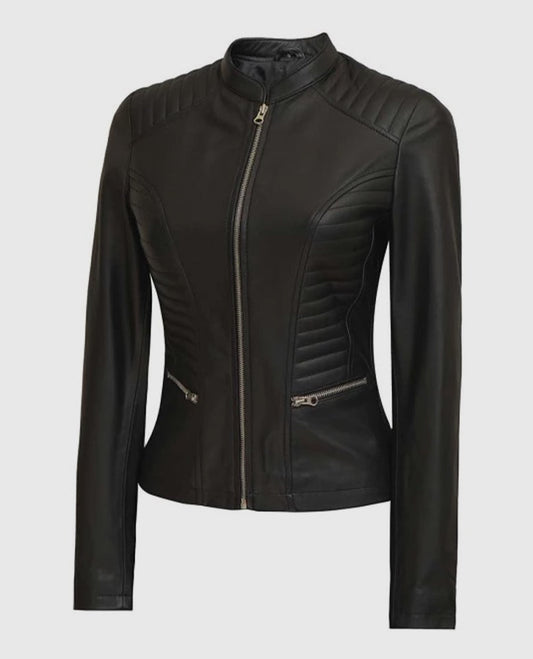 Women's Rachel Petite Black Cafe Racer Leather Jacket - side angle view