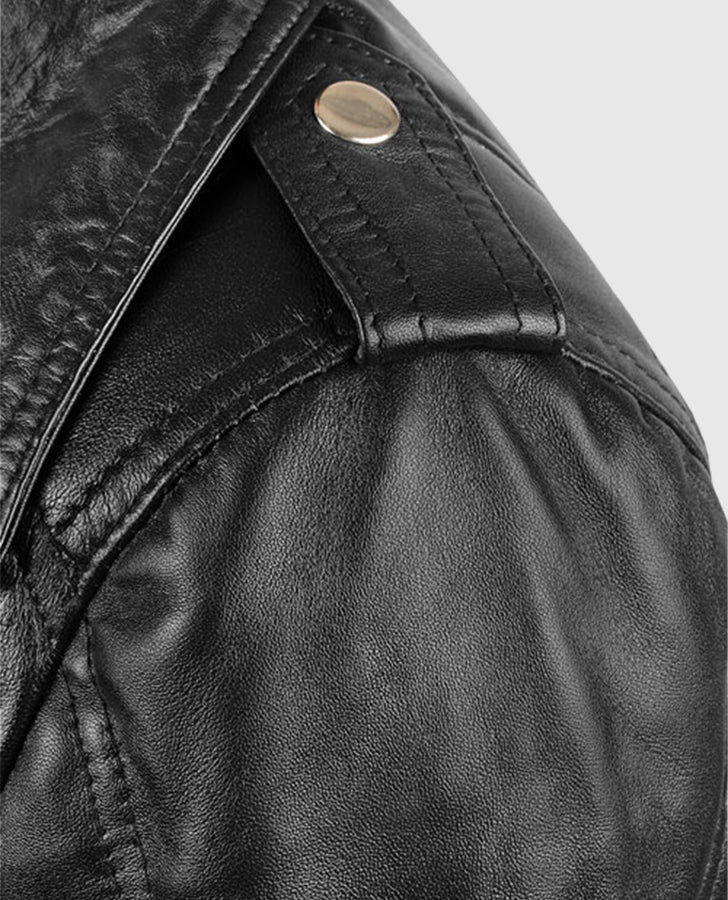 Sarah Connor Terminator Genisys Black Leather Biker Jacket for Women - collar and zip close-up