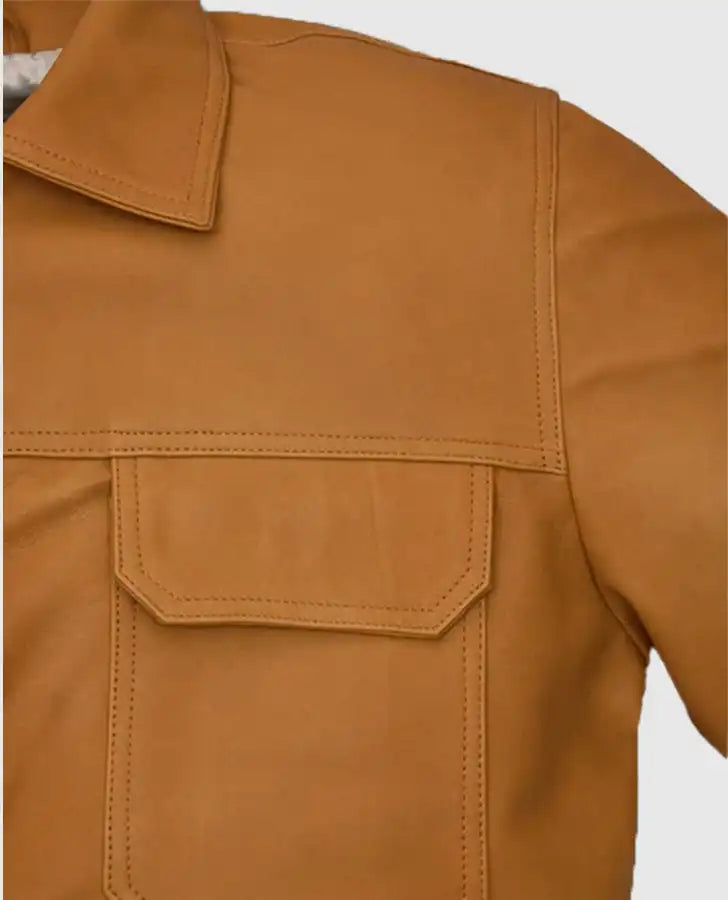 Emily in Paris S03 Lucas Bravo Brown Leather Jacket for Men - model wearing the jacket