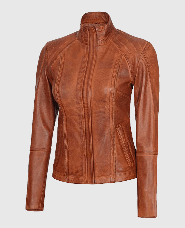 Women's Acerra Real Cognac Brown Leather Jacket – Custom Fit - side angle view