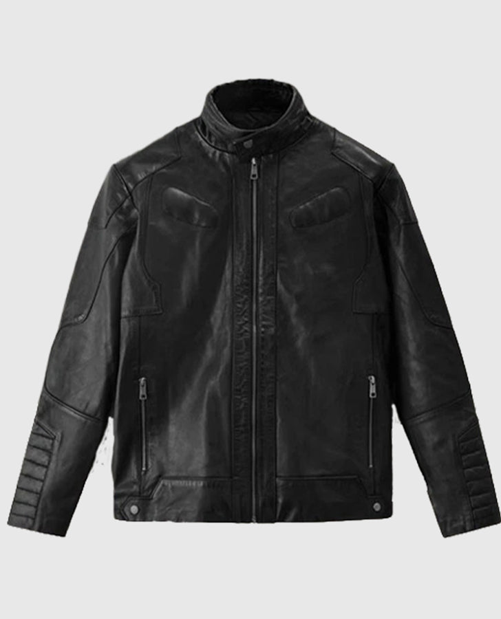 Men's Black Cafe Racer Leather Jacket | Genuine Leather - detail view