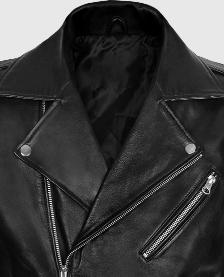 Elvis Presley Roustabout Black Biker Leather Jacket for Men - collar and zip close-up