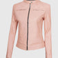 Women's Cafe Racer Light Pink Leather Jacket – Premium Outerwear - collar and zip close-up