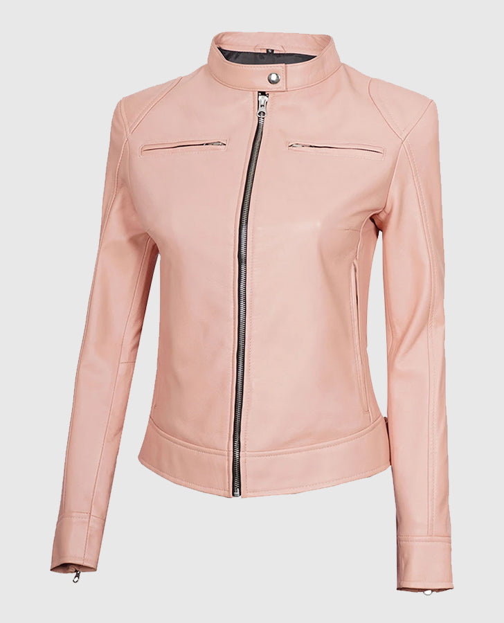 Women's Cafe Racer Light Pink Leather Jacket – Premium Outerwear - collar and zip close-up